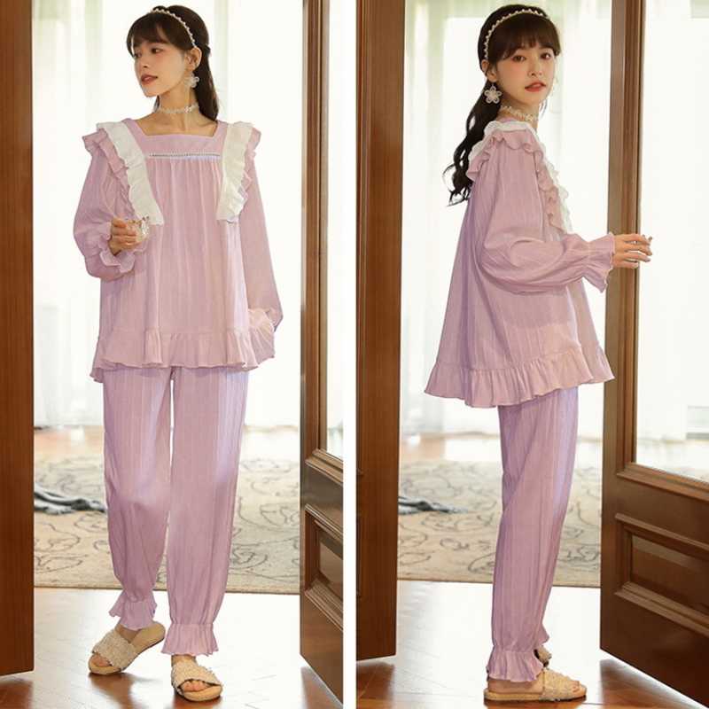 Autumn Winter Women Korean Temperament Retro Sweet Long-sleeved Cotton Pajamas Set Nordic Fashion Palace Style Princess Style Home Clothes
