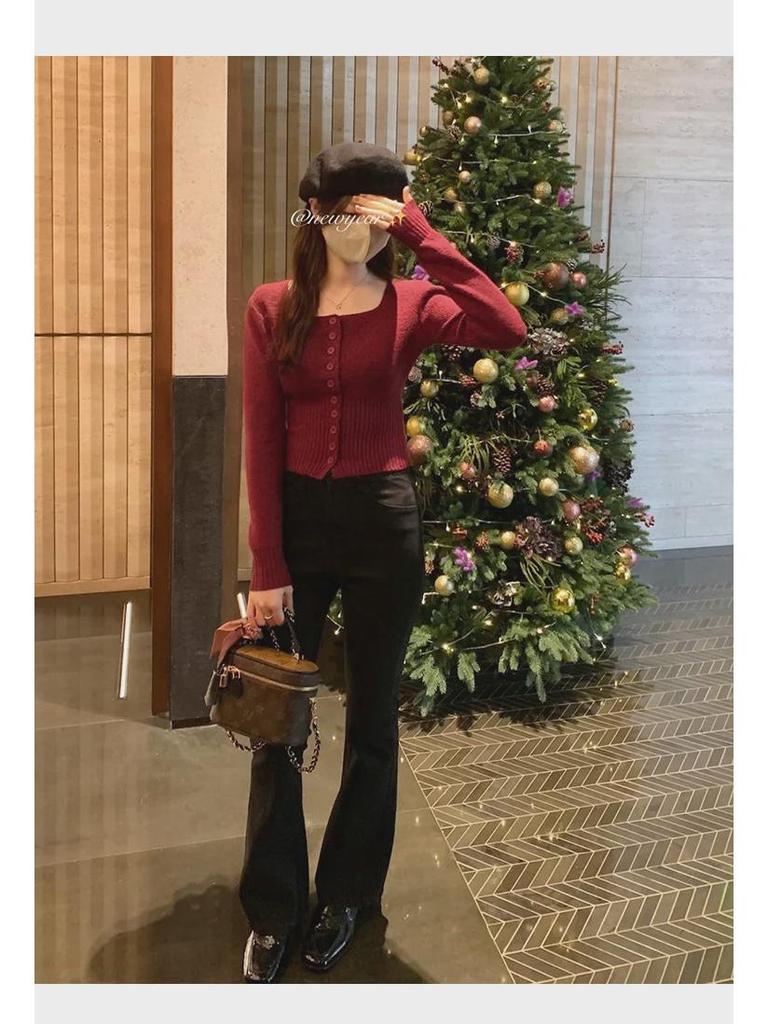 Женский облегающий вязаный кардиган - квадратный воротник, длинный рукав, короткая талия для осени/зимы