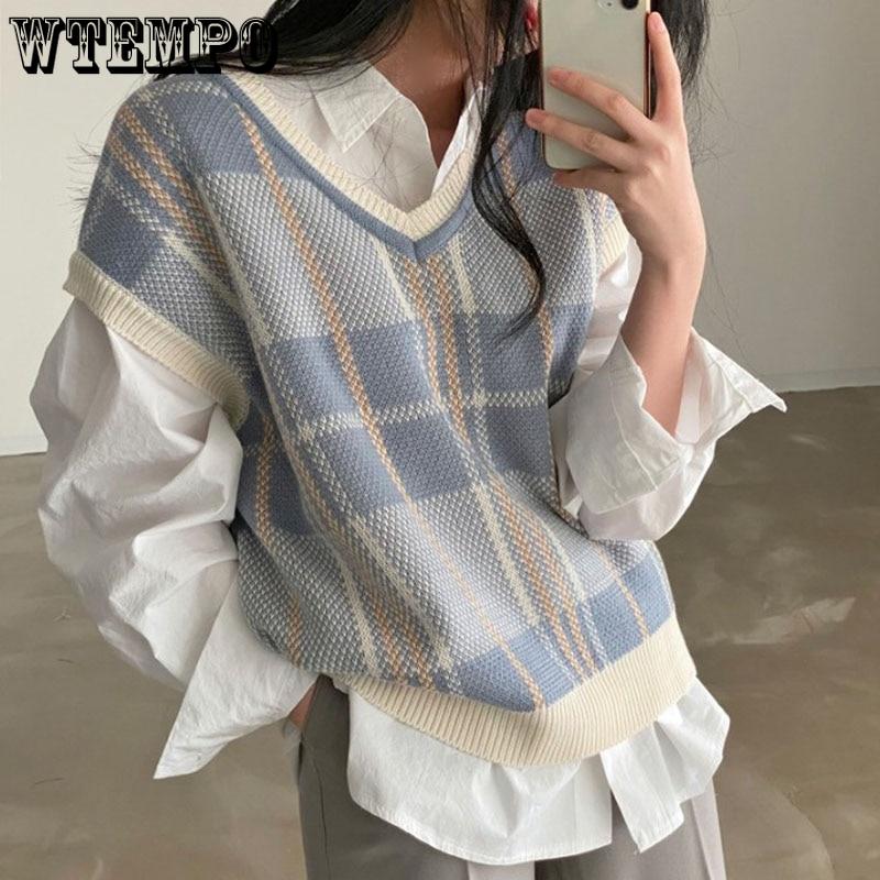 Autumn Winter Female Korean Loose Sweater Vest Vintage Office-lady V-neck Sweater Pullover Women Knitted Tops Pull Femme