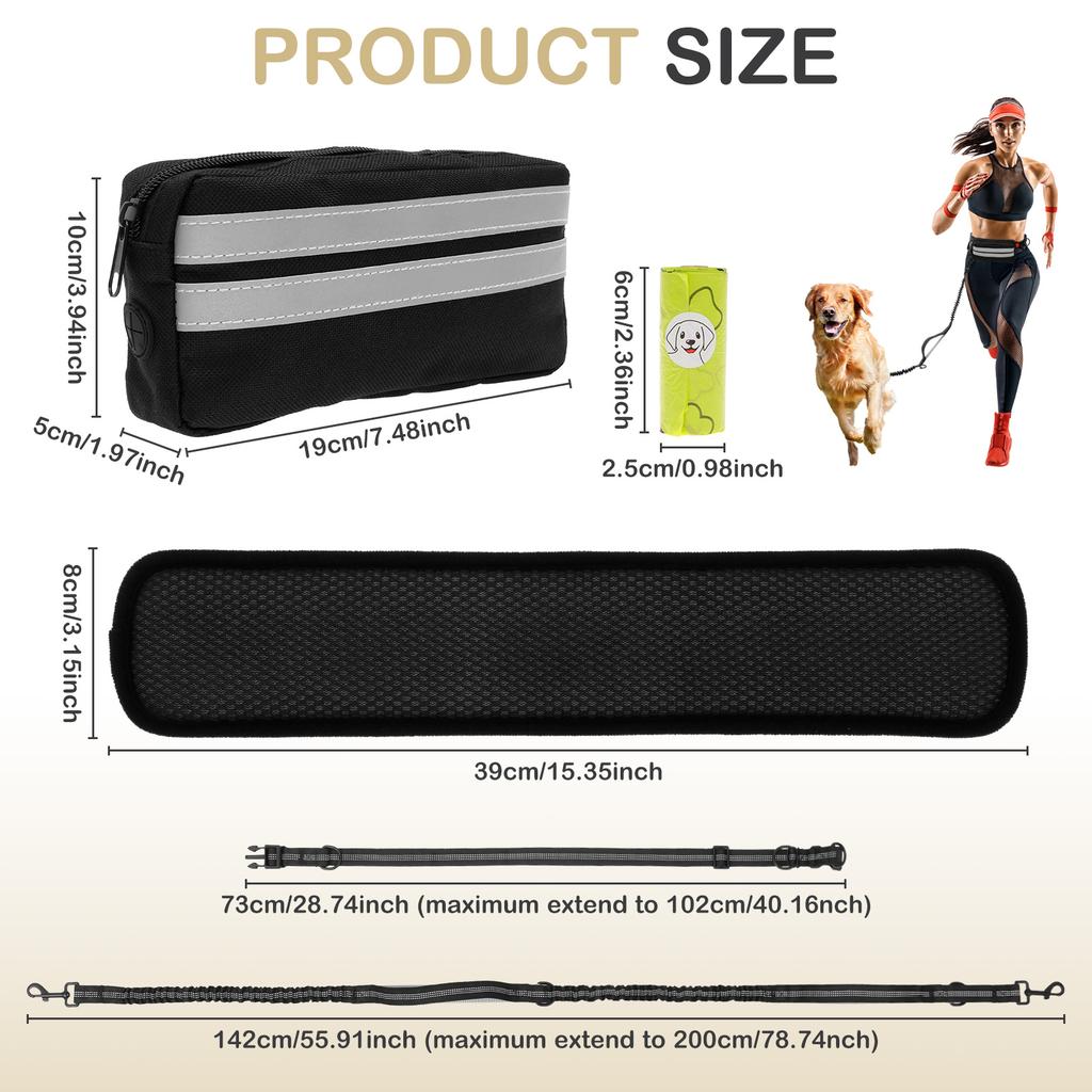 Hands Free Dog Leash Dog Running Waist Leash Nylon Pet Leash with Waist Bag and Padded Handle Retractable Elastic Belt for Walk