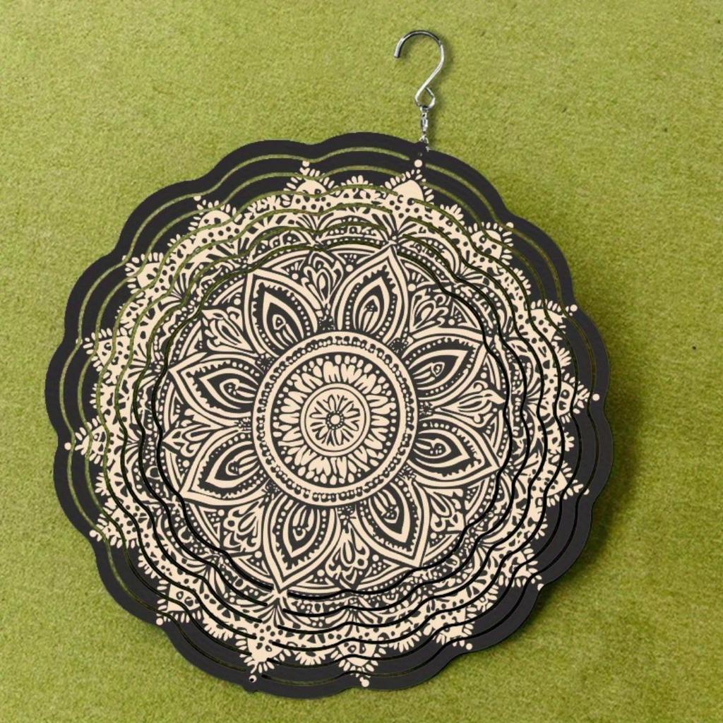 Mandala Metal Wind Spinner Garden Decor Outdoor Indoor Hanging Ornament Black Gold Accents Holiday Gift for Home Yard Detailed Design