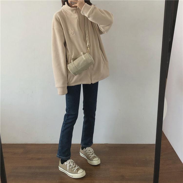 Повседневные флисовые толстые толстовки, женская куртка, осень-зима, корейский свободный воротник-стойка, плюшевая толстовка на молнии, верхняя одежда, толстовки