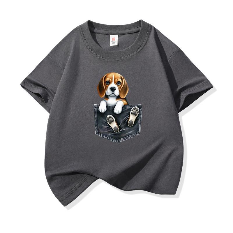 Kids Cotton T Shirt Cute Pocket Beagle Puppy Dog Graphic Crew Neck Short Sleeve Tee Casual Breathable Boys Girls Summer Tops