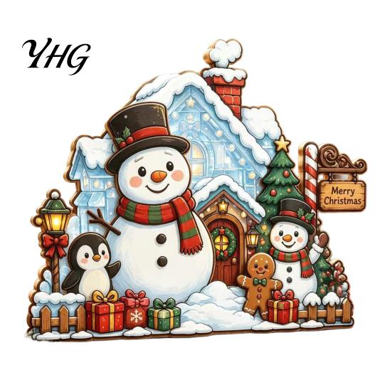 Rustic Winter Home Accents Christmas Wooden House Ornament, Santa Claus/Snowman/Elk Sleds/Winter Cabins Sturdy Wood Snowman Ornament Scene Figurines,