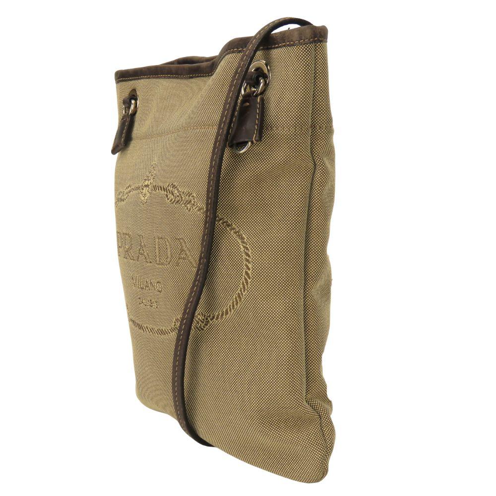 Used PRADA Shoulder Bag canvas/leather beige Brown Logo jacquard