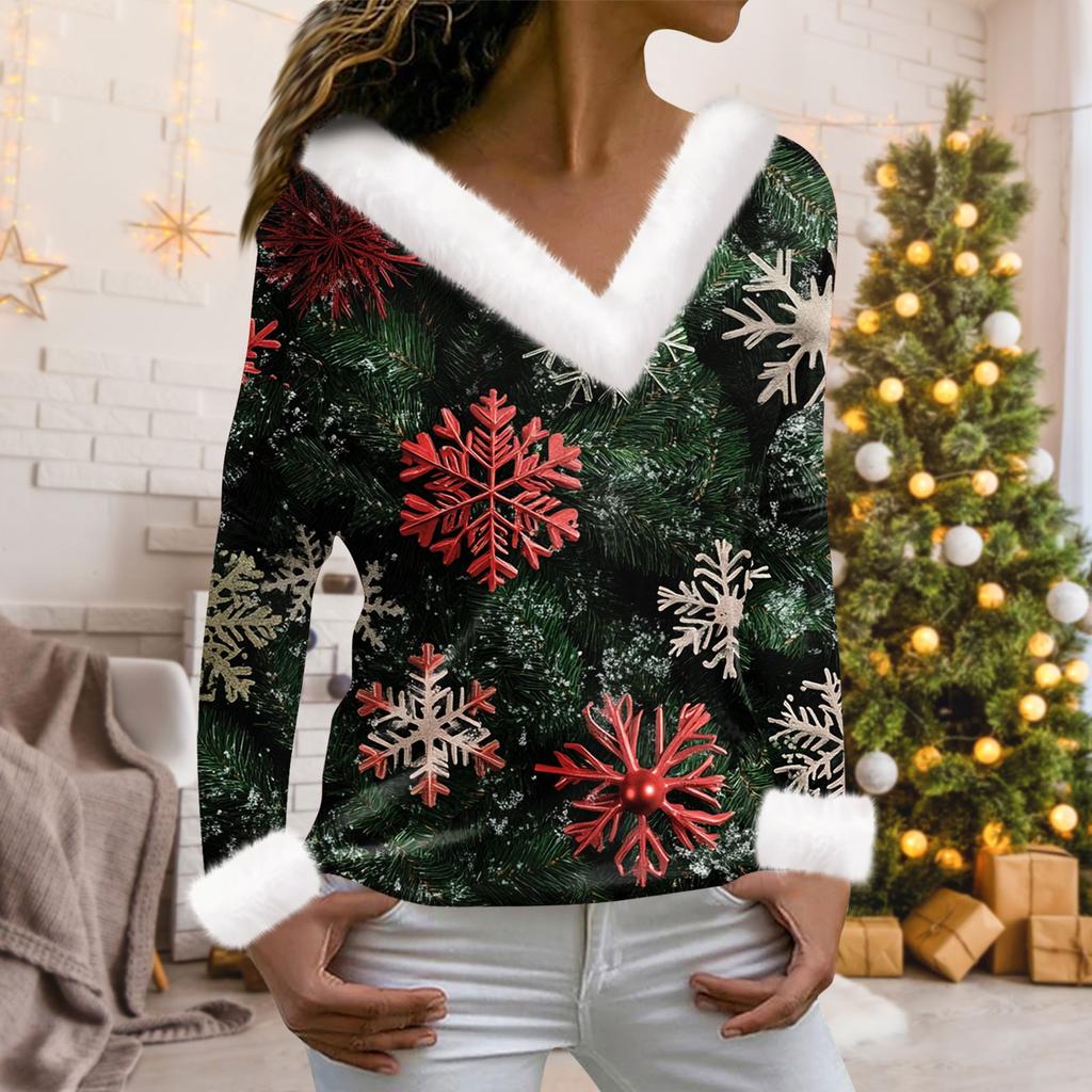 Женская мода с длинным рукавом и рождественским принтом для вечеринок, плюшевый повседневный топ с V-образным вырезом