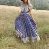 Women's Summer Bohemian Printed Waist V-Collar Chiffon Beach Long Dresses