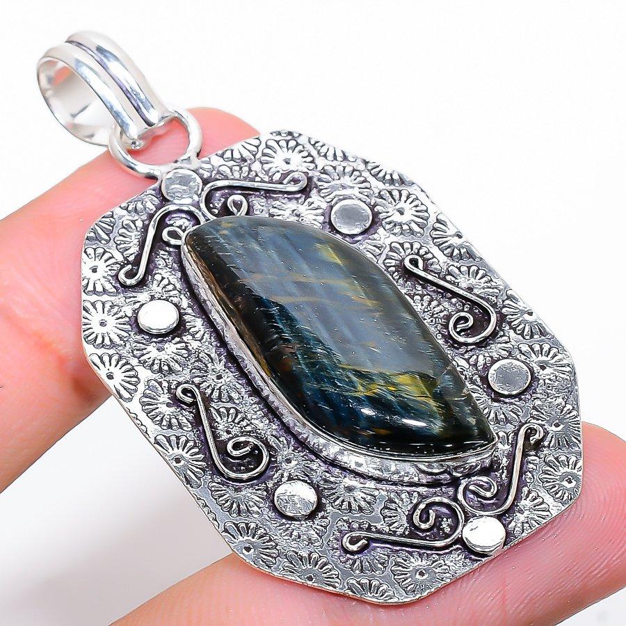 Black Tiger Eye Gemstone Handmade 925 Sterling Silver Jewelry Pendant 2.36"