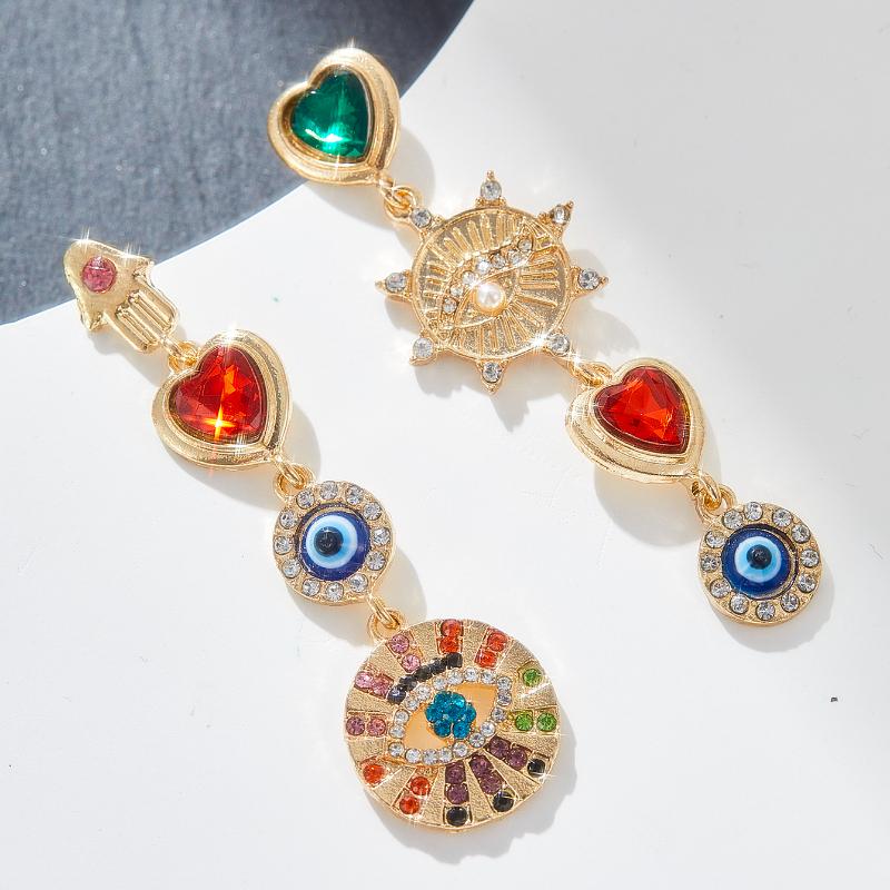 Французский винтаж Цветные цирконы Глаза Форма сердца Геометрические серьги-подвески Женские Элегантные Изысканные Роскошные украшения
