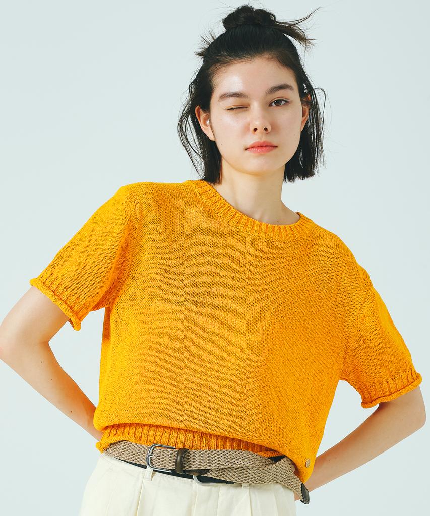 COVERNAT WOMAN Paper Yarn Round Neck Half Knit Orange