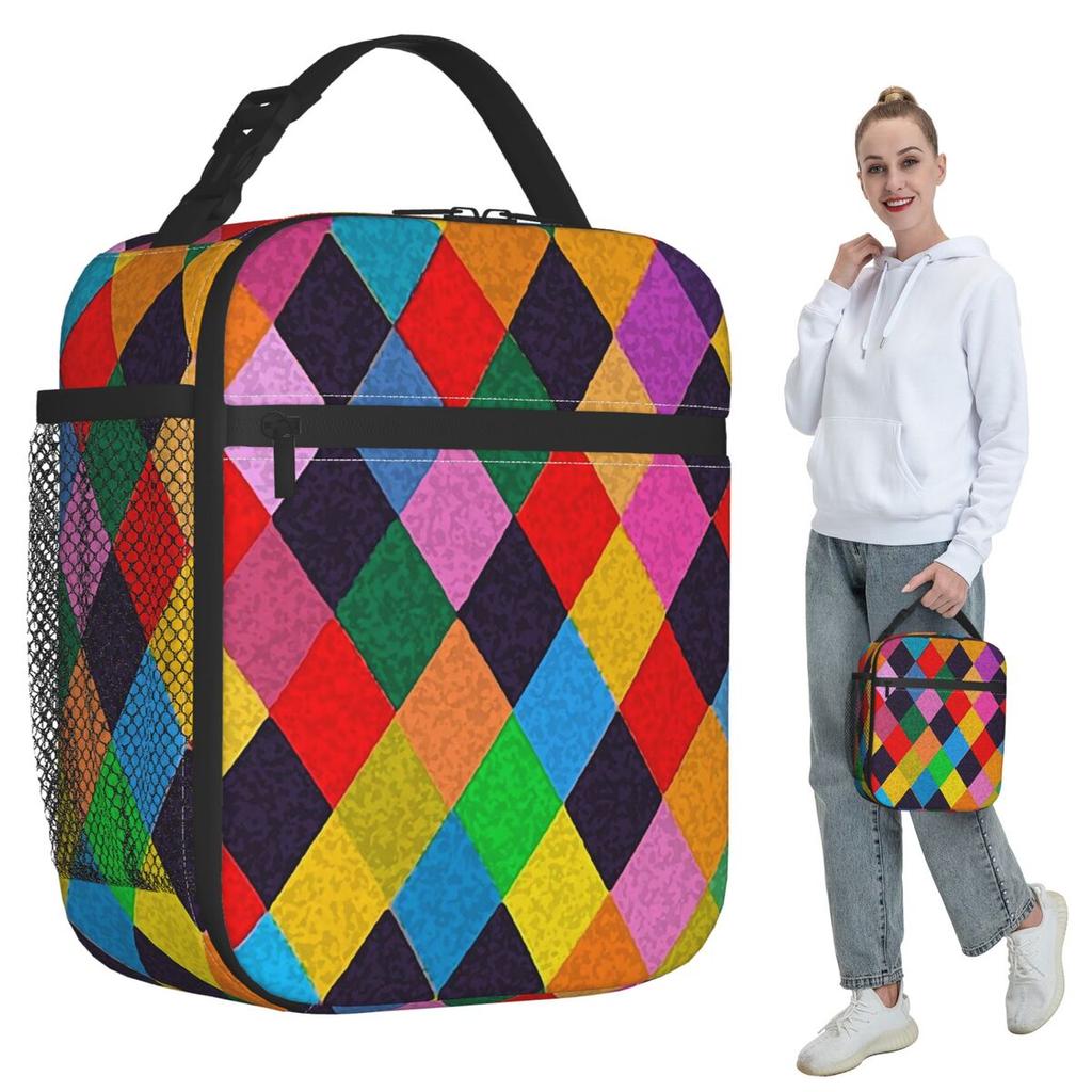 Mardi Gras Harlequin Plaid Playing Cards Rhombi Insulated Lunch Bag for Kids School Cooler Thermal Food Box Tote Lunch Boxes