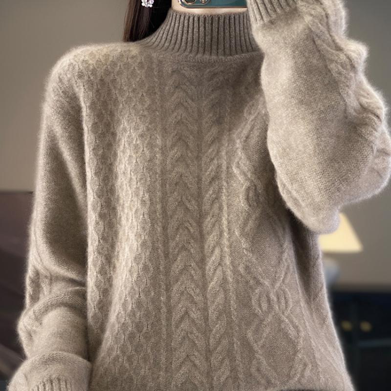 Утолщенный свитер с полувысоким воротником и узором «скрученный цветок» для женщин на осень и зиму. Новый свободный и универсальный кашемировый вязаный свитер, базовая рубашка.