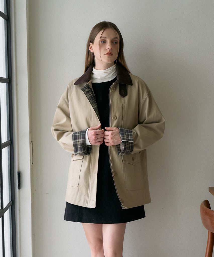 DEHEVE Check Sleeve Work Jacket [Beige]