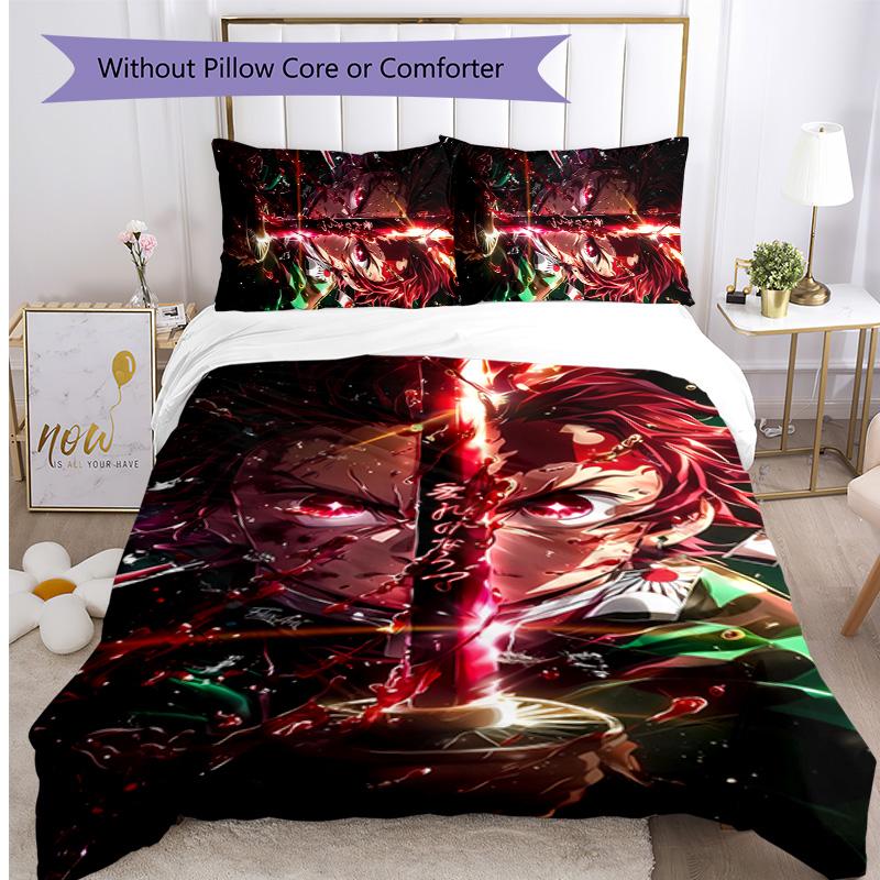 Demon Slayer Pattern Printed 3PCS Bedding Set, Soft Skin-Friendly Washable Duvet Cover & Pillowcases Set