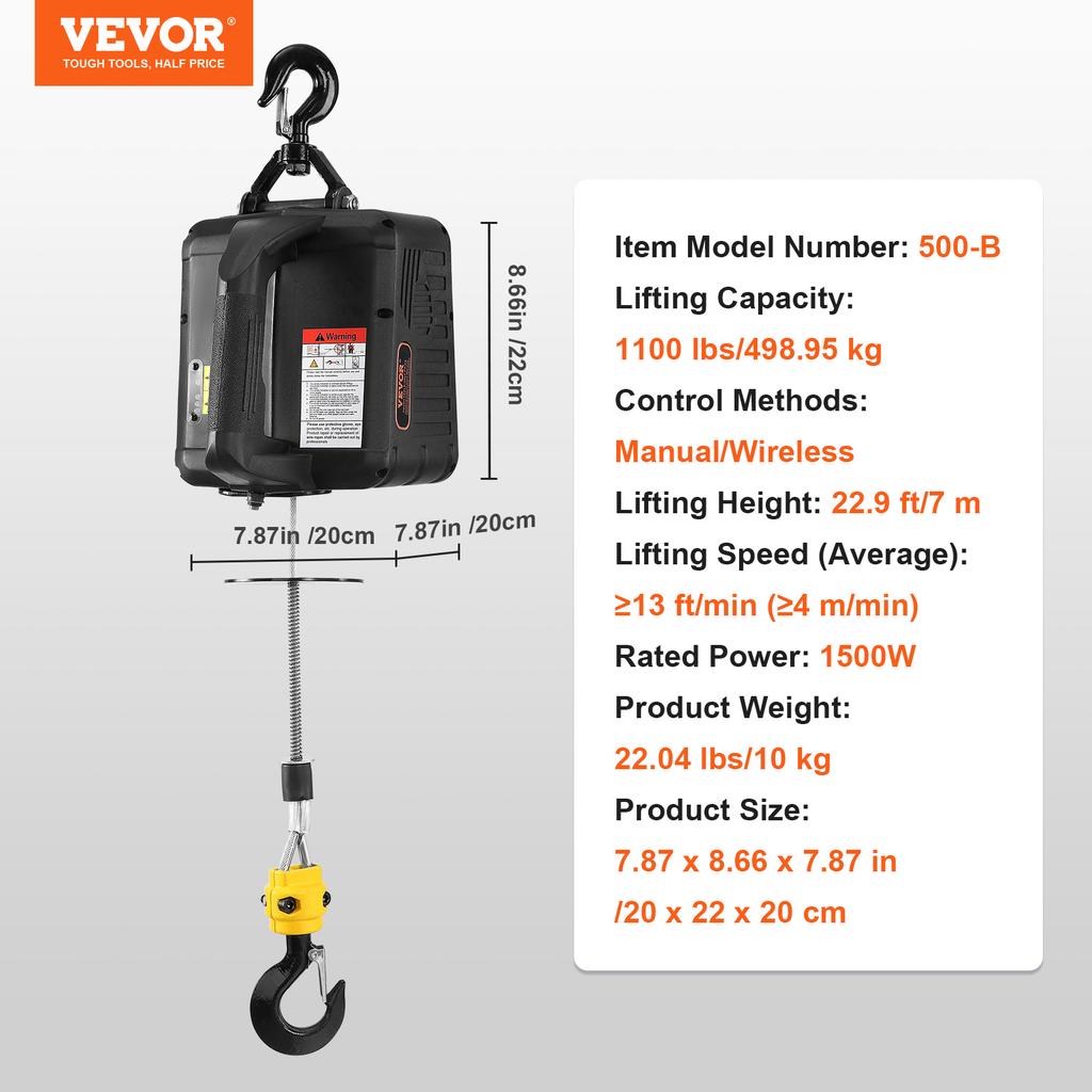 SucceBuy 1100 Lbs Electric Hoist Winch 1500W Portable Power Crane with Wireless Remote Control for Warehouse Factory Lifting