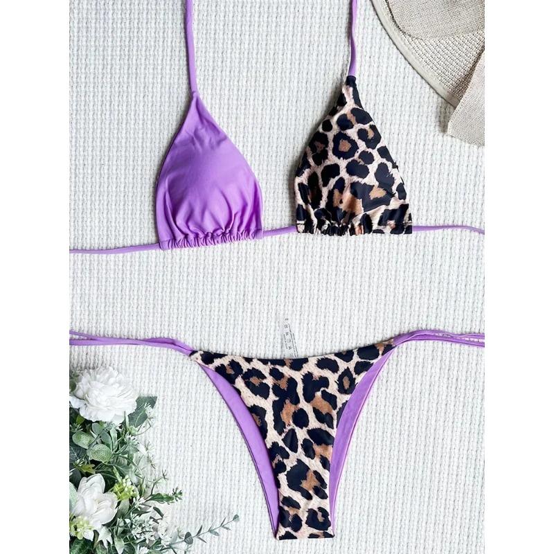 Бикини с леопардовым принтом и бретельками через шею 2025 года, мини-микробикини, женский купальник, женский купальник, комплект бикини из двух частей, купальный костюм, плавание
