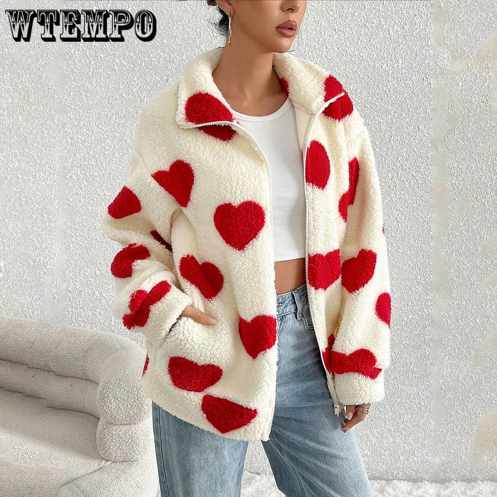 Autumn and Winter Women's Plush Love Printed Loose Long Sleeve Standing Collar Zipper Cardigan Short Jacket