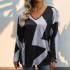 Ladies Autumn Long Sleeve V Neck Color Block Pullovers Blouse T Shirt Top