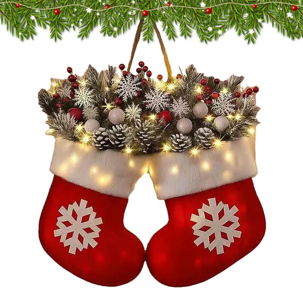 Twinkling Christmas Mitten Wreath, Christmas Lighted Werath Front Door Artificial Garland, Christmass Balls Hanging For Par