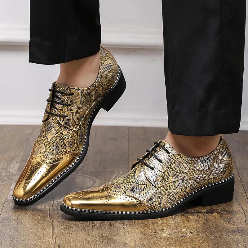 High-heel Luxury Man Golden Shoes Size 39-48 Fashion Snake Print Dress Shoes Men Pointed Toe Glitter Leather Party Shoes for Men