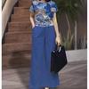 Women's Summer Fashion 2023: Solid Color Loose Two-Piece Set with Short-Sleeve Top and Printed Trousers (Plus Size Available)