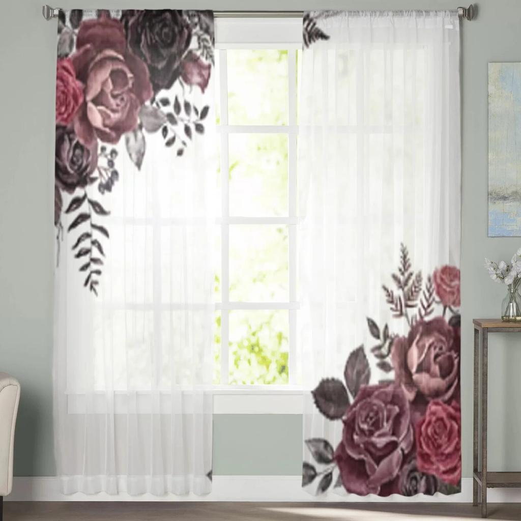 Темно-красные и бордовые розы, прозрачные шторы для гостиной, окна, прозрачная вуаль, тюлевая занавеска, шторы для спальни, домашний декор