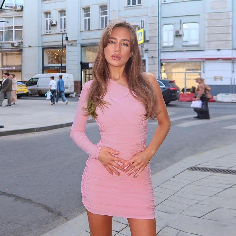 Однотонное облегающее платье с длинным рукавом, открытой спиной и одним плечом для женщин, новое европейское и американское платье в стиле Spice Girls с облегающей юбкой-карандаш, пляжная юбка для отпуска