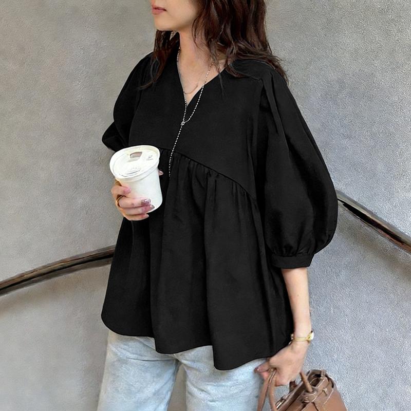 ZANZEA Женская повседневная однотонная блузка с v-образным вырезом и рукавами 3/4