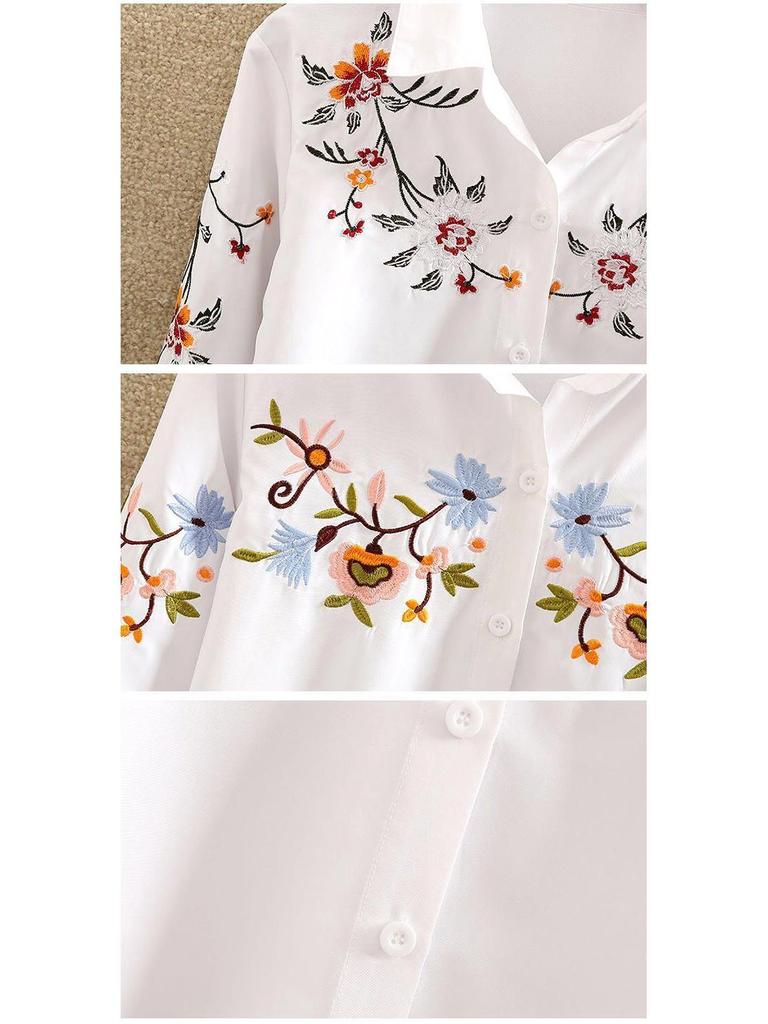 2024 Spring Women's White Embroidered Long Sleeve Plus Size Shirt