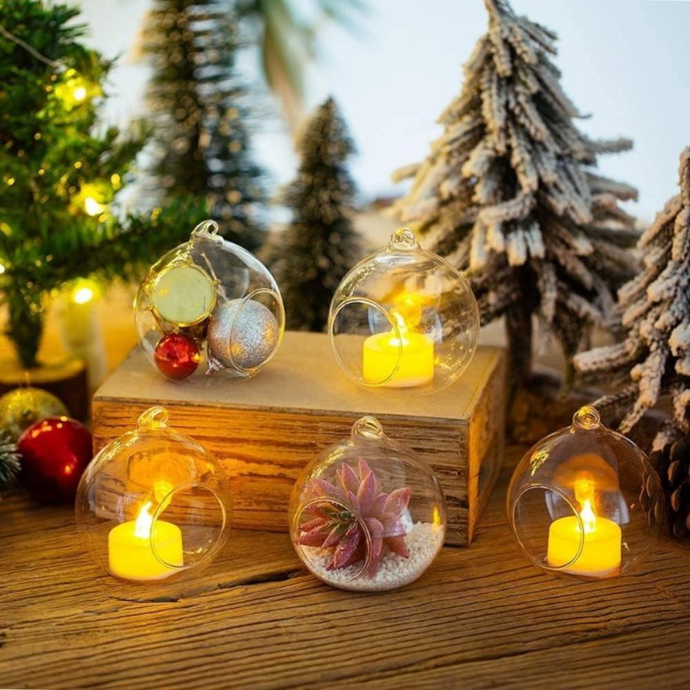6/12 Pcs Hanging Glass Tealight Holder Globe Clear Acrylic Garland Strand Terrarium Containers for Christmas Tree Decoration