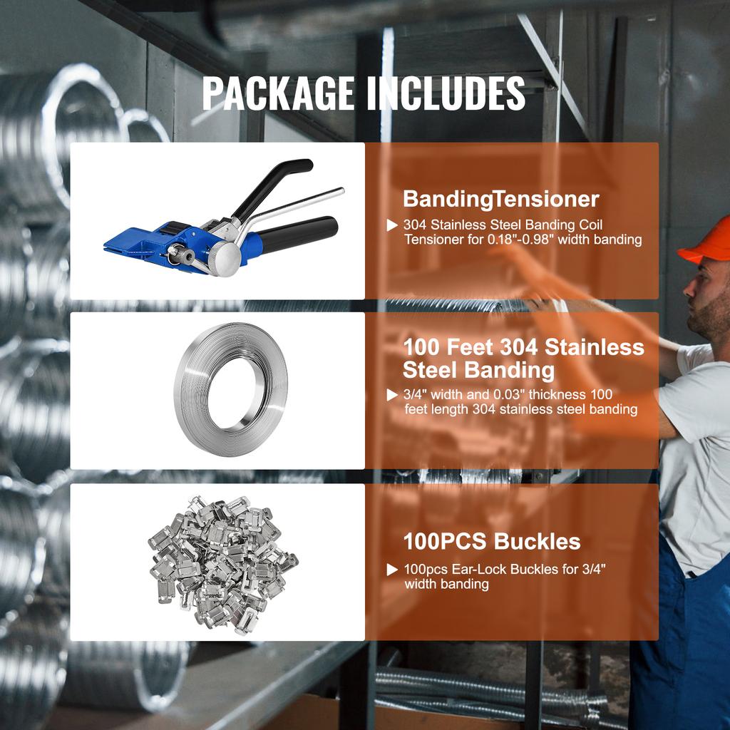 SucceBuy Pallet Banding Strapping Kit 100ft with Strapping Tensioner Packaging Tool 100 Metal Seals for Warehouses Packing