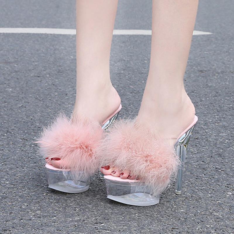 Женские туфли на шпильке, прозрачные пушистые пикантные модные сандалии на каблуке 14 см и платформе 4 см WZ