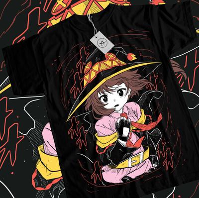 Konosuba Megumin Футболка Вайфу Каваи Аниме Японская Унисекс Черная Короткий рукав
