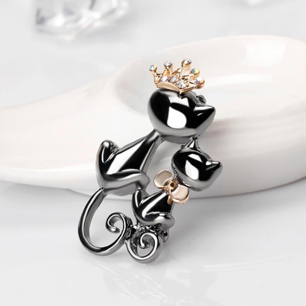 Fashion Jewelry Shiny Rhinestone Cute Double Cats Kitten Crown Brooch Pin Gift ARI