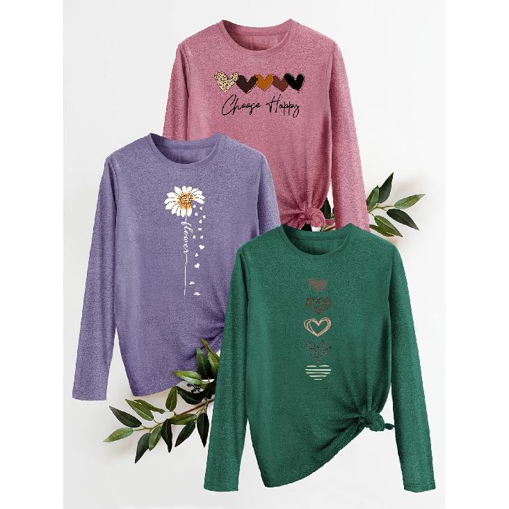 Three-piece set of heart and flower print fashion retro-style women's casual sports tops with round neck and long sleeves T Shirt