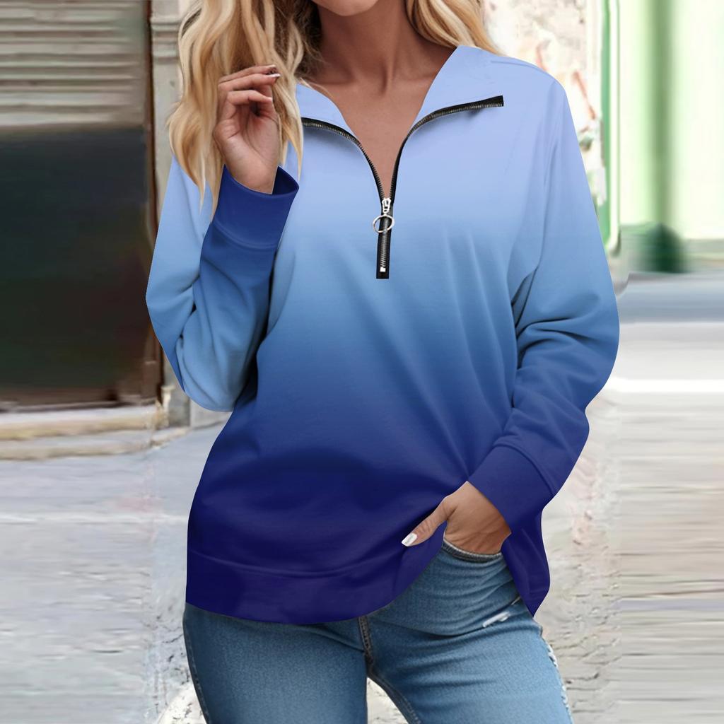 Рубашки на молнии с длинным рукавом для женщин Градиентная печать Графические футболки Блузки Повседневные топы Пуловер