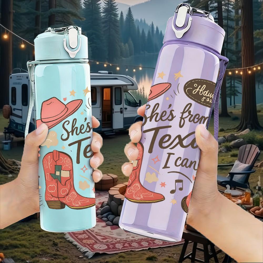 1PC Texas Cowgirl Boots Hat 750ml Color Plastic Sports Water Bottle Leakproof Flip Straw Lid Suitable for Sports Office Home Use