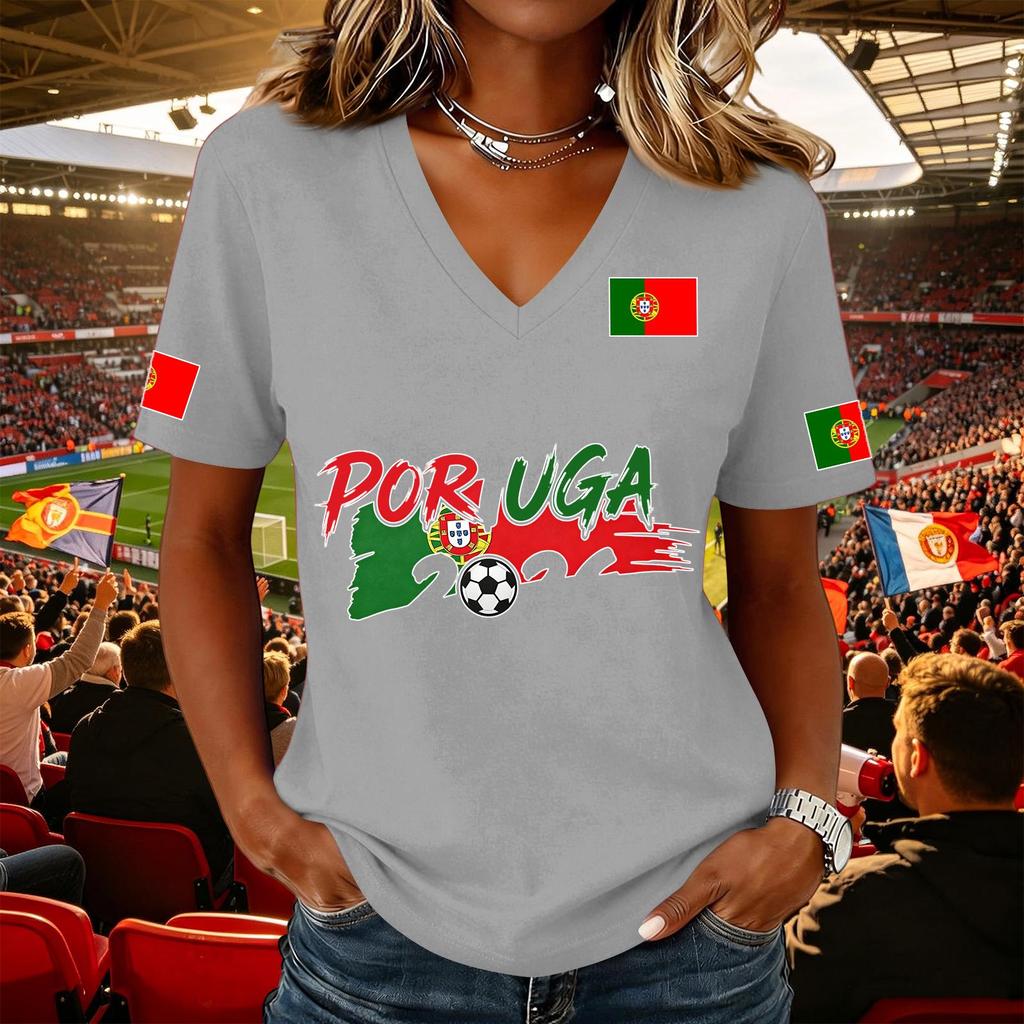 Women V Neck Pullover T Shirt Short Sleeve Casual Soccer Flag Print Top Supporter Jersey Tee for Game Day Wear