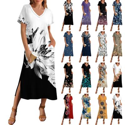 Женское летнее платье с принтом в горошек, пляжное платье с коротким рукавом и карманом, повседневное платье с V-образным вырезом и боковыми разрезами