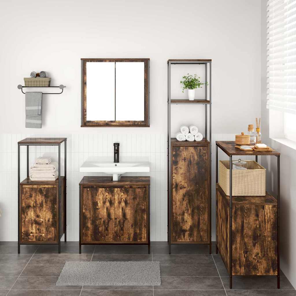 Bathroom Furniture Set with Door 5 pcs Smoked Oak and Black Brown
