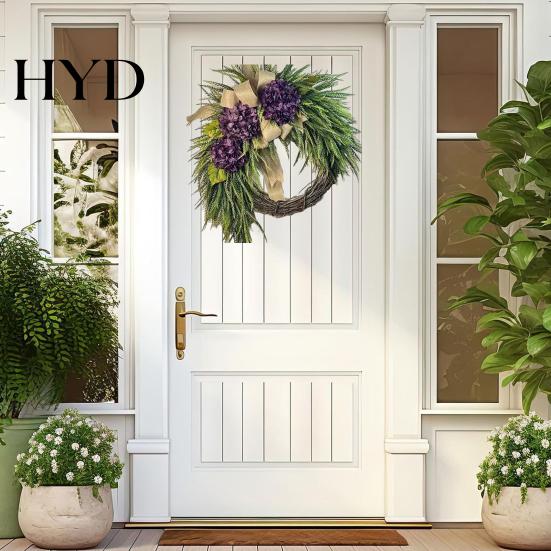 Christmas Decor Rustic Hydrangea Wreath with Burlap Bow Farmhouse Wall Door Hanging for Front Home Garden Wedding Artificial Floral Garland