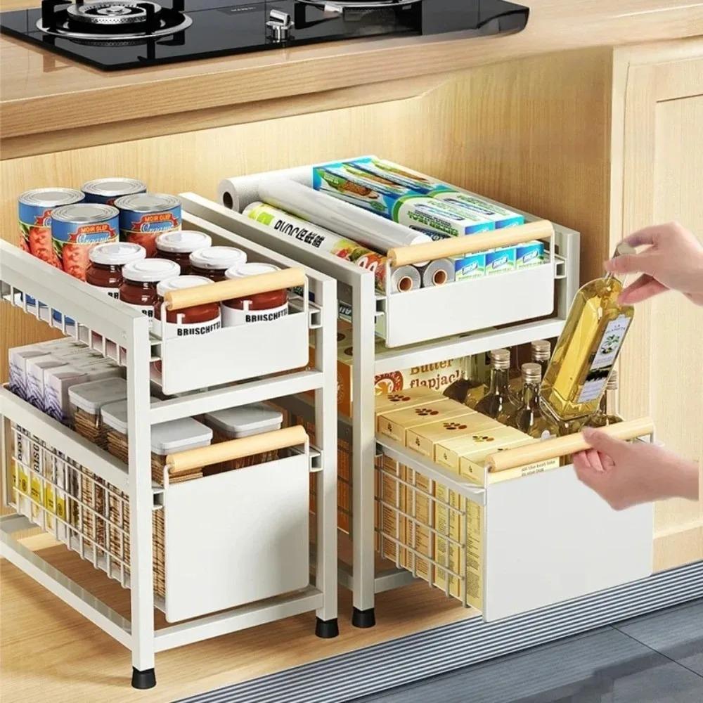 Kitchen Storage Rack Carbon Steel Under Sink Shelf Seasoning Bottle Spice Storage Racks Kitchen Organizer Sink Pull-Out Shelf