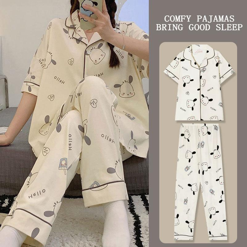 Japanese Kitty cat pajamas women's summer thin short-sleeved trousers loose plus size girl raw loungewear set
