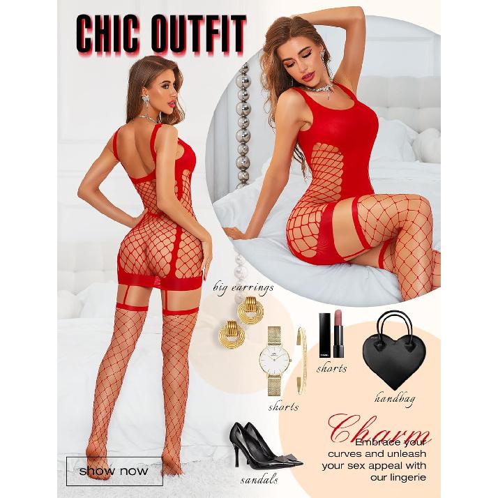 RSLOVE Babydoll нижнее белье для женщин сорочка - ажурное боди женская одежда для сна с чулками сексуальное платье боди один размер