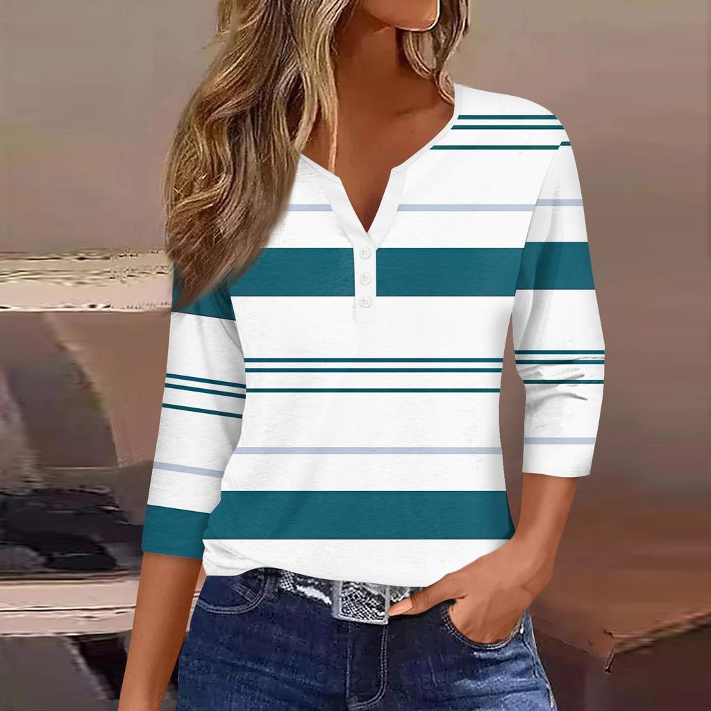 Women's Fashion Casual Striped Print V-Neck Decorative Button Three-quarter Sleeve T-Shirt Top