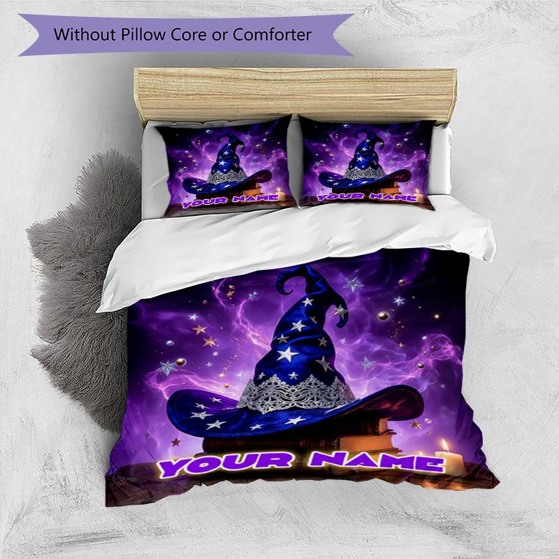 3pcs Custom Name Witch's Hat Magic Night Bedding Set Printed Bedding Set Duvet Cover Closure Includes 1 Duvet Cover & 2 Pillowcases Bedroom Decor