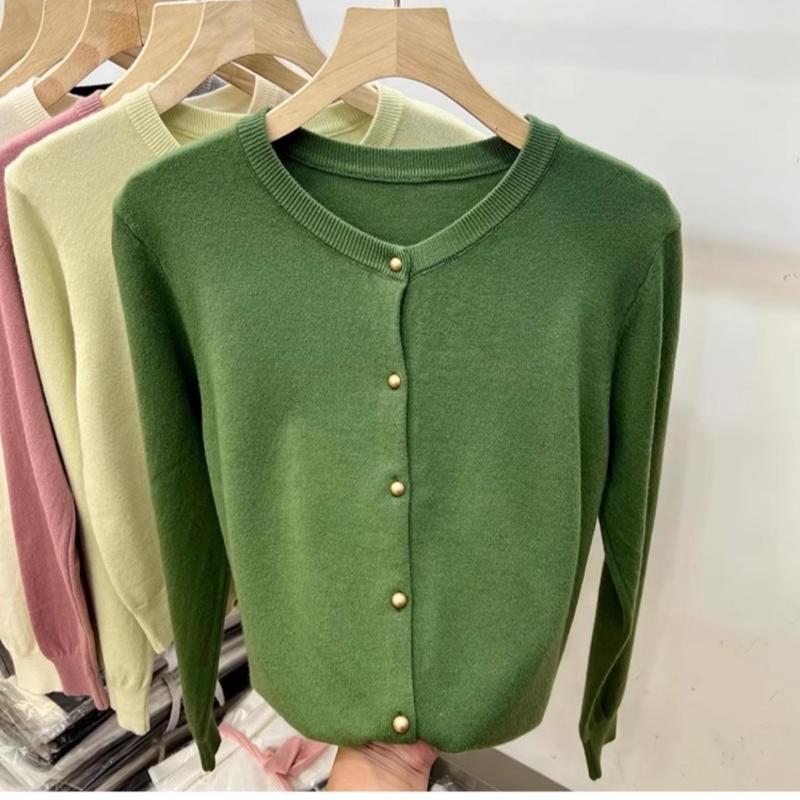 Винтажный круглый вырез свободный длинный рукав вязаный свитер кардиган женские топы осенняя мода верхняя одежда повседневные кардиганы женский однотонный трикотаж куртка 24859