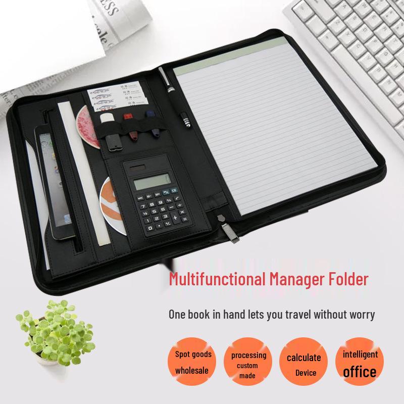 A4 PU Leather Business Folder with Calculator and Zipper