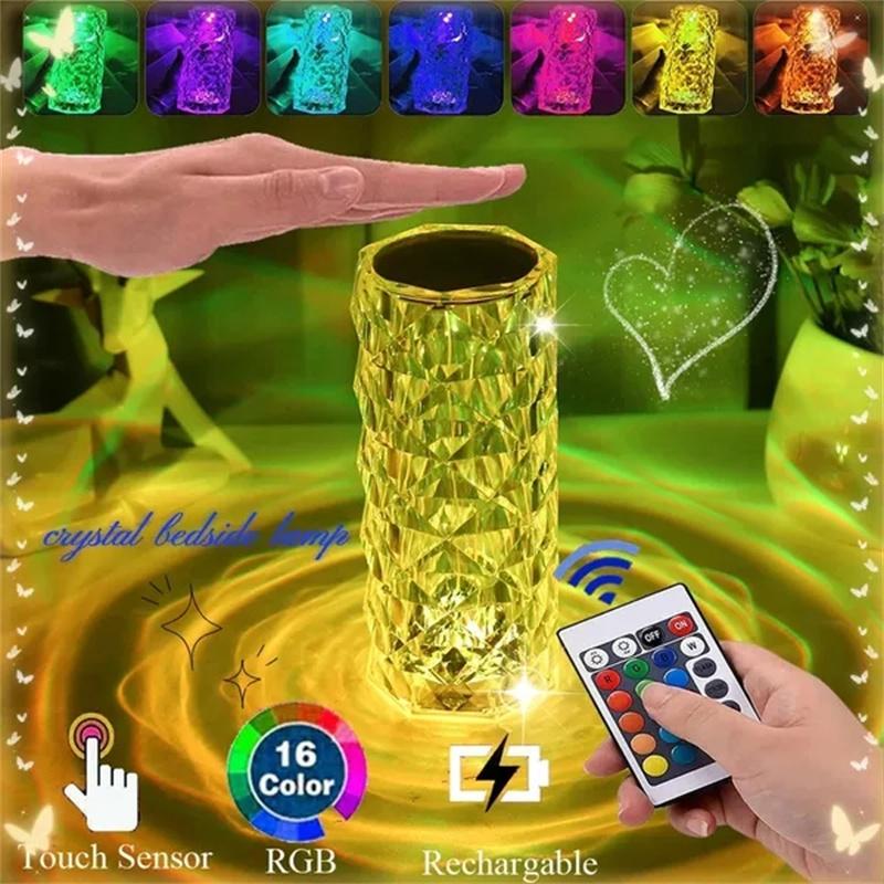 DIY светодиодный хрустальный настольный светильник, розовая лампа, проектор, 3/16 цветов, сенсорный регулируемый, романтический, алмазный, атмосфера, USB сенсорный ночник, подарок на праздник
