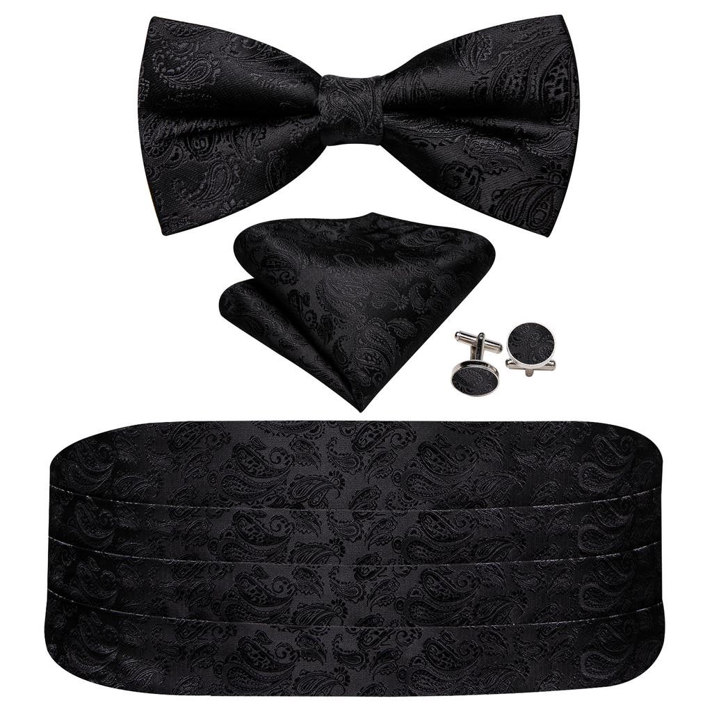 Barry.Wang Mens Cummerbund Belt and Bowtie Set Silk Pre Bow Tie Hanky Cufflink Set